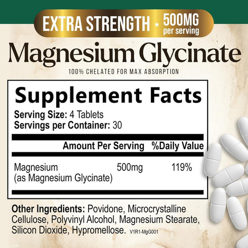 Magnesium Pills Extra Strength 500mg - Chelated for Ultra Absorption - Magnesium Supplement for Bone, Muscle Health & Heart Support, Nature's Magnesio Glycinate Vitamins for Women & Men - 120 Tablets