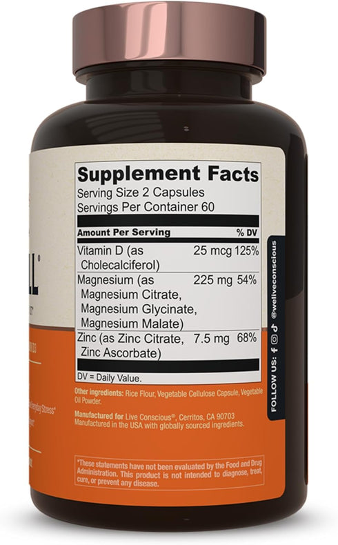 Live Conscious Magnesium Zinc & Vitamin D3 - Bioavailable Forms of Magnesium - Bone & Heart Health, Immune System