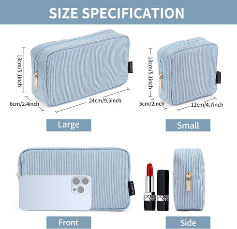 MAGEFY Makeup Bag for Purse, 2 Pcs Corduroy Cosmetic Bag for Girls, Small Travel Pouch with Zipper (Blue)