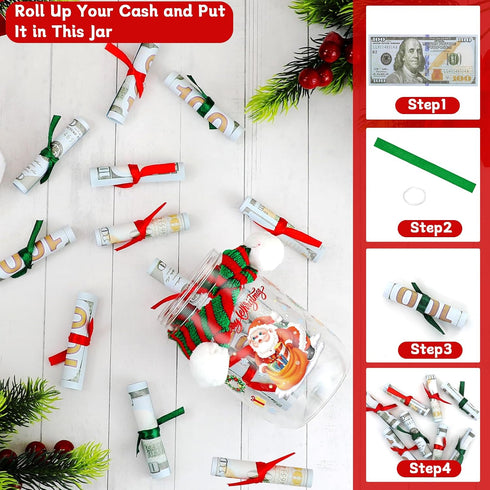 MUOUAKATE Christmas Money Holders for Cash, Christmas Mason Jar with Santa Hat Scarf and Stickers, DIY Cash Holder