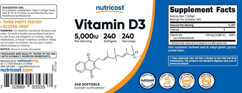Nutricost Vitamin D3 5,000 IU - 240 Softgels - Non-GMO and Gluten-Free