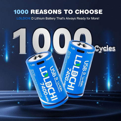 LDLDCHI 4-in-1 4 Pack 7400mWh 1.5V 1000 Rechargeable Lithium D Batteries with Charge Cable, D Cell Rechargeable