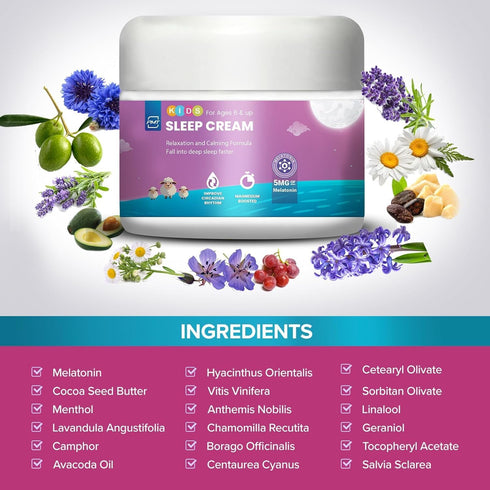 Kids Sleep Cream by PMT, Natural Sleeping Aid Regulates Sleep Patterns to Fall Asleep Faster, Uses Natural Ingredients Menthol & Lavender, Improves Circadian Rhythm for Ages 6 and up - 2.83oz