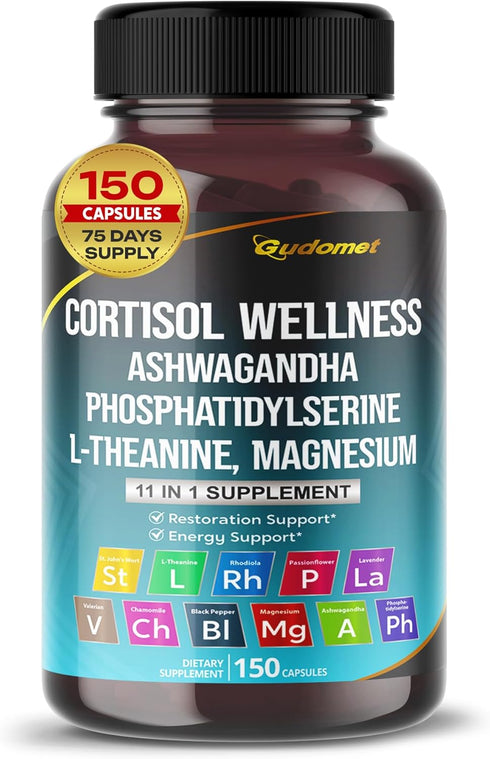 CORTISOL WELLNESS Magnesium Ashwagandha L-Theanine, Rhodiola Rosea, Passionflower, Lavender, Chamomile - 150 Capsules
