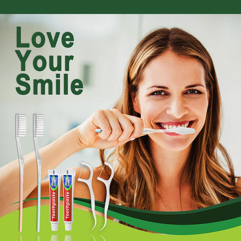 50pcs Disposable Toothbrushes with Toothpaste and Floss, Individually Wrapped Bulk Kit for Hotels and Guests