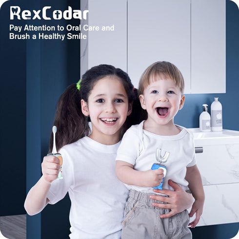 RexCodar Ultrasonic Kid's U-Shaped Electric Toothbrush, IPX7 Waterproof, Five Cleaning Modes, Smart Reminder (Blue)