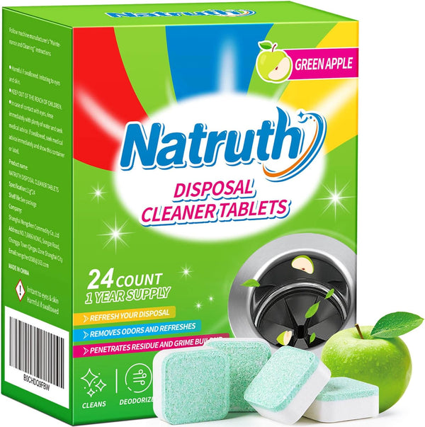 NATRUTH Garbage Disposal Cleaner Deodorizer Tablets 24 Pack - Fresh Apple Foaming Scrub Sink Freshener, Natural Drain