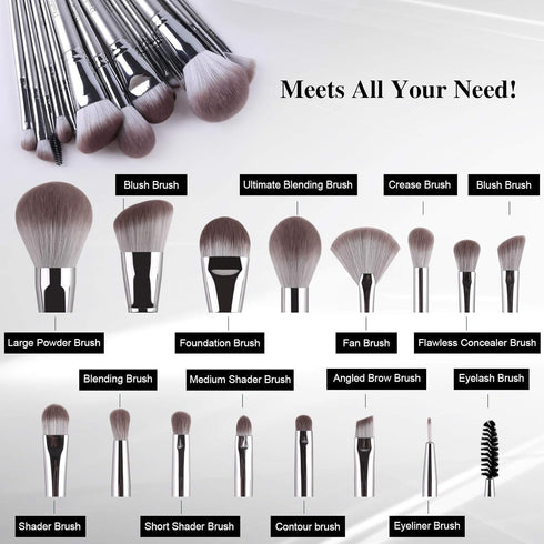 Makeup Brushes, Daubigny 16Pcs Silver Premium Synthetic Brush Set for Foundation, Powder, Concealers, Eye Shadows