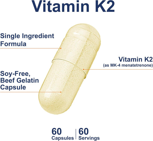 K2, MK-4 K2 60 Carlson - Vitamin (Menatetrenone), Vitamin K Supplement, Bone & Heart Health, Vitamin, Soy-free