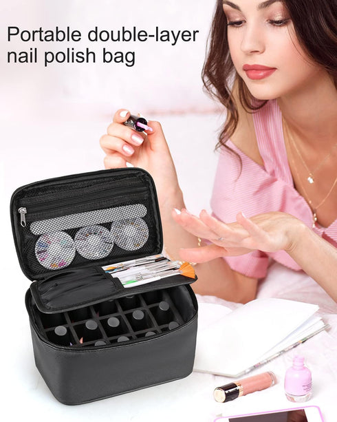 Nail Polish Bag Nail Art Set Organizer, Travel Case with Compartment, Gift for Women (Black)