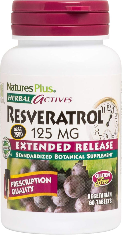Natures Plus Herbal Actives Resveratrol, 125 mg, 60 Vegetarian Tablets for Health
