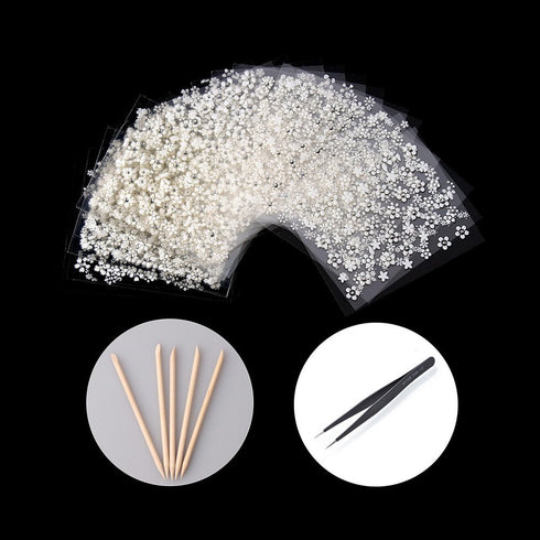 WOKOTO 30pcs White Adhesive 3D Nail Stickers - Flower Nail Art Decoration with Tweezers & Cuticle Pusher