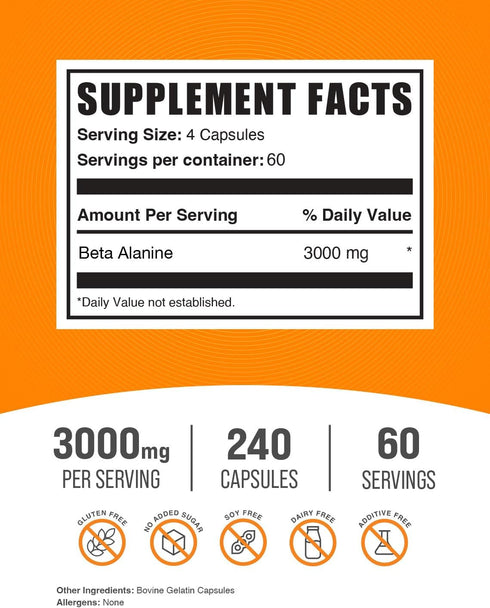 BulkSupplements.com Beta Alanine Capsules - 3000mg Beta Alanine Supplement, 240 Capsules (Pack of 1)