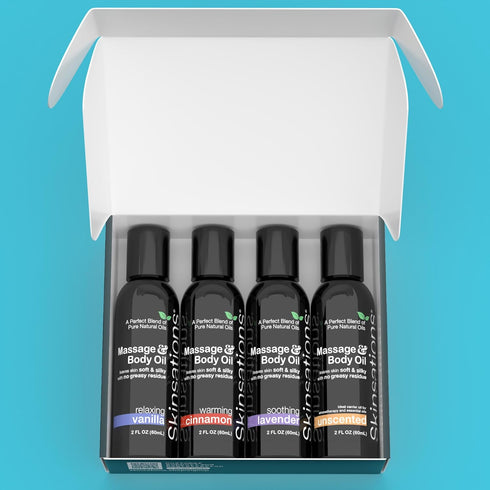 Set Set (4 2oz) Skinsations Massage Oil Gift Variety for Couples, Travel Size Lightweight, Non-Greasy, Hydrating Body
