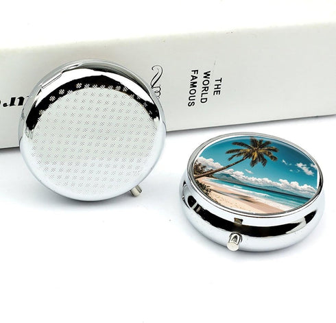 LPSADGF 3 Palm Tree Hawaii Beach Medicine Pill Case, Compartment Round Pill Box, Portable Decorative Medicine Organizer