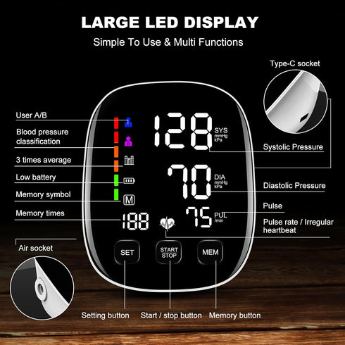 Blood Pressure Monitors for Home Use, Extra Large Blood Pressure Cuff, 6 in Large LED Backlit Display, USB Cable &