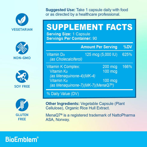 BioEmblem Vitamin D3 K2 Capsules (5000IU and 200mcg), Patented MK7 and MK4 for 3-in-1 Complex Support - 90 Caps