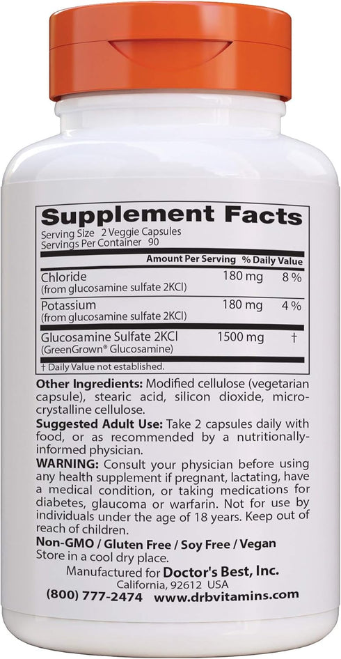 Doctor's Best Vegan Glucosamine Sulfate, Joint Support, Non-GMO, Vegan, Gluten Free, Soy Free, 750 mg 180 Veggie Caps (Pack of 1)