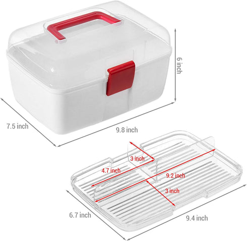 MyGift 10 Inch Portable White Plastic Storage Box with Removable Tray, Clear Lid, Red Handle and Latch Lock