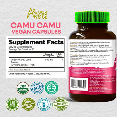 Camu Camu Capsules - Powerful Vitamin C Source, Immune System Booster, Organic Fairtrade Certified, 100 Vegan Pills,