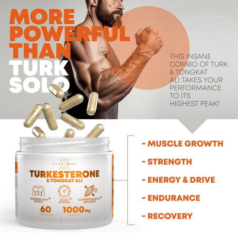 Turkesterone & Tongkat Ali 1000mg Supplement - 500mg Ajuga Turkestanica Per Serving for Increased Stamina, Lean Muscle