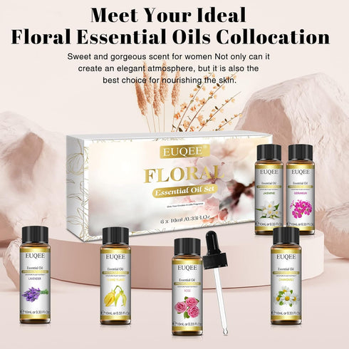 Floral Essential Oils Set of 6 - Pure Essential Oil Gift Set for Diffusers, Soap & Candle Making - 10ml