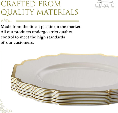 SILVER SPOONS Elegant Disposable Plates - (10 pc) Heavy Duty Salad Plates 8.25”, Fine Dining Plastic Dishes, Ivory/Gold