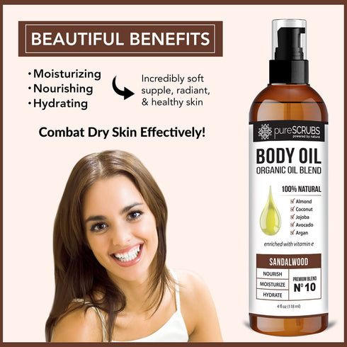 pureSCRUBS Ultra Moisturizing Sandalwood Body Oil | 4oz Organic Blend for Dry Skin & Massage