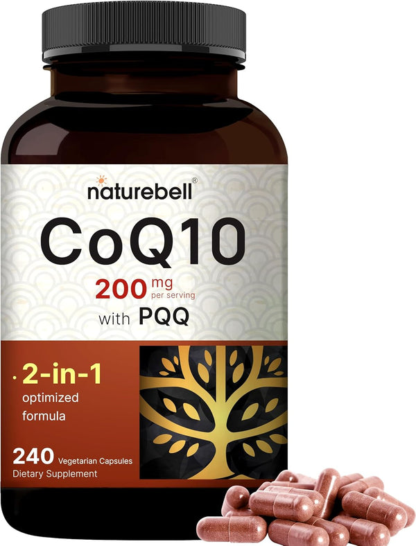 NatureBell CoQ10 (Ubiquinone) 200mg with PQQ | 240 Veggie Capsules | Antioxidant Support for Brain, Heart & Energy