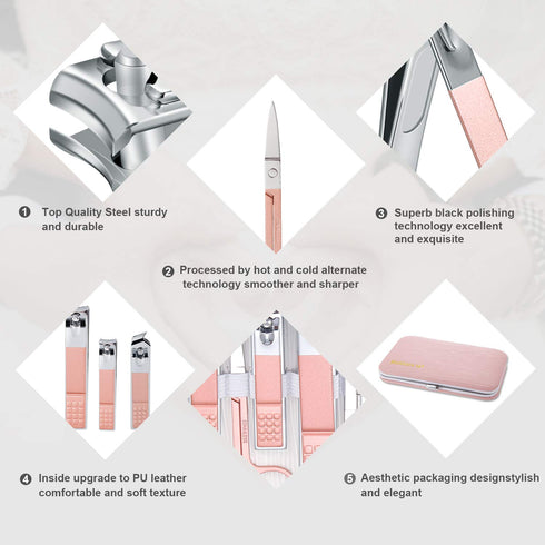 Manicure Set - Travel Mini Nail Clippers Kit with 10pcs Stainless Steel Grooming Tools (Pink)