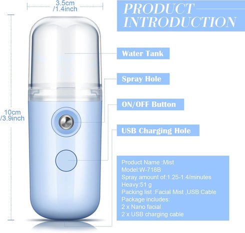 Honoson 2 Pieces Nano Facial Mister - 30 ml Mini Face Humidifier Portable Sprayer for Daily Makeup Hydrating
