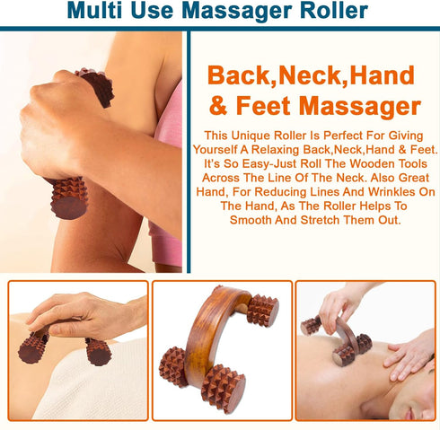 HATHKAAM Massage Roller, 5.5" Rosewood Handheld 4 Wheel Accupressure Massager for Full Body Pain Relief and Cellulite