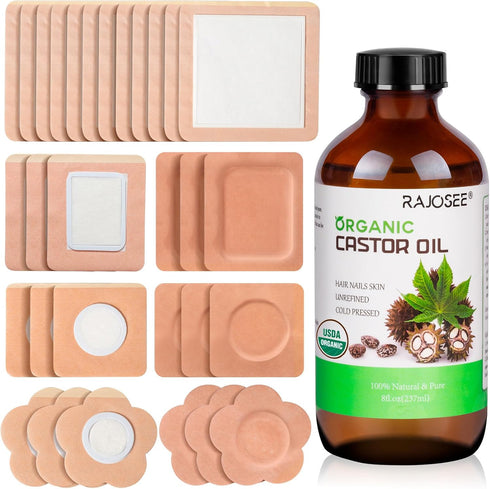 RAJOSEE 32Pcs Castor Oil Pack with Castor Oil Organic Cold Pressed Glass Bottle