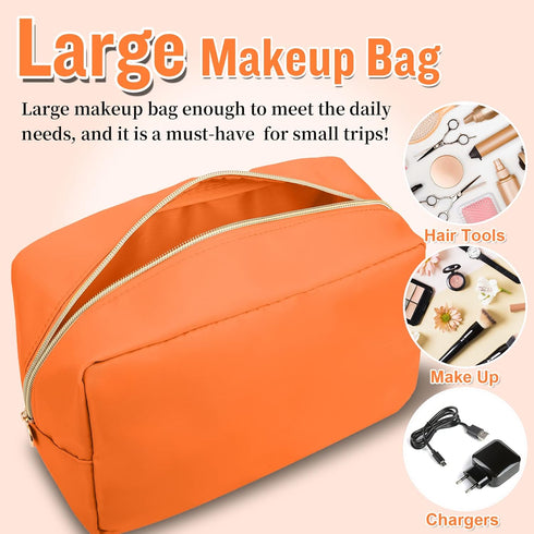 Nylon Large Travel Makeup Bag Pouch - Preppy Cute Cosmetic Zipper Organizer, Waterproof Toiletry Bag for Women Men