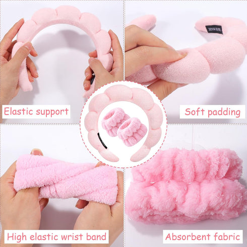 Spa Headband for Washing Face, Wristband Sponge Makeup Skincare Headband, Non-Slip Thick Hair Accessory (Pink)