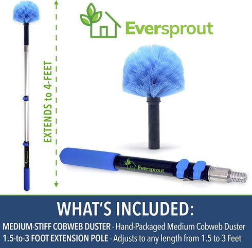 EVERSPROUT Cobweb Duster and Extension-Pole Combo, 1.5-to-3 Foot (8-10 Ft Standing Reach, Medium-Stiff Bristles)