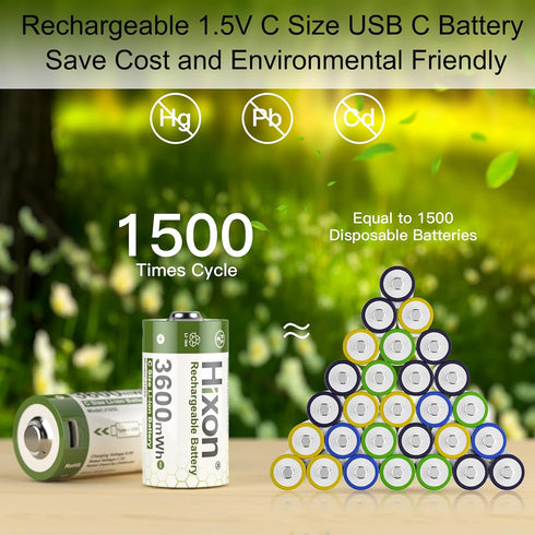 Hixon 1.5V 3600mWh 2 1500 2-in-1 2-Pack USB Rechargeable Lithium Batteries C Size, Rechargeable C Battery, Charges