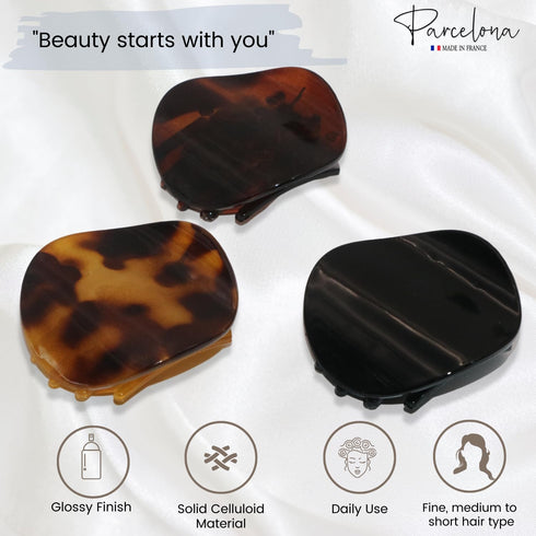 Parcelona Small 2” Tortoise Shell Hair Claw Set of 3, Black and Savana, Secure Grip for Women and Girls