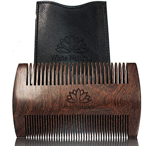 White Naturals Beard Comb for Men - Wooden Natural Sandalwood, Fine Dual Action Teeth, Includes PU Leather Case