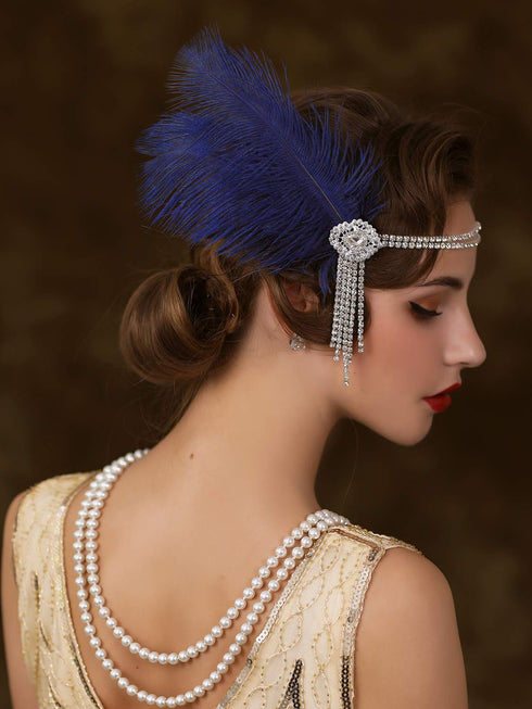SWEETV Flapper Headbands, Womens 1920s Headpiece, Great Gatsby Inspired Feather Headband, Blue