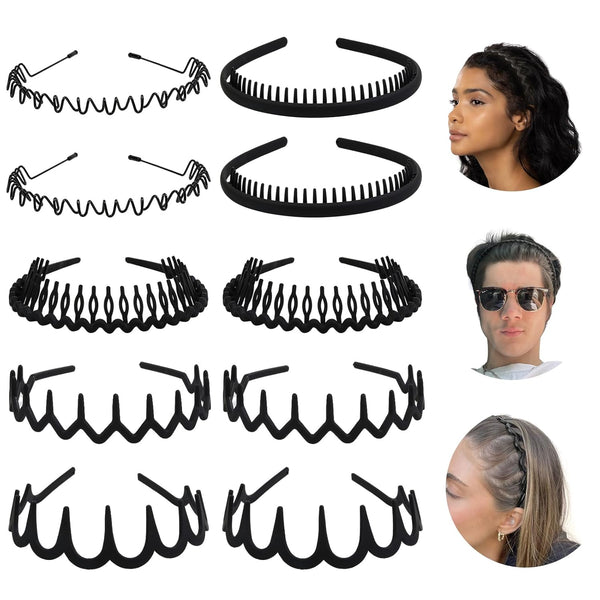 WOVOWOVO Plastic Hair Bands with Teeth: 10 Packs Headbands for Women Girls Teens (Black Style)