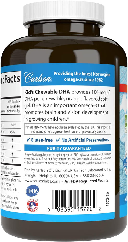 Carlson Kid's Chewable DHA - 100 mg DHA for Brain Health, Vision Function, Orange, 180 Chewable Softgels