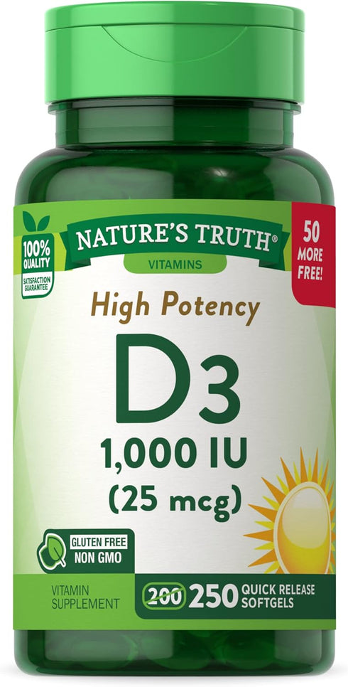 Nature's Truth D3 1000 IU, 250 Softgels | High Potency Essential Vitamin D | Non-GMO & Gluten Free Supplement