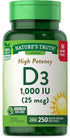 Nature's Truth D3 1000 IU, 250 Softgels | High Potency Essential Vitamin D | Non-GMO & Gluten Free Supplement