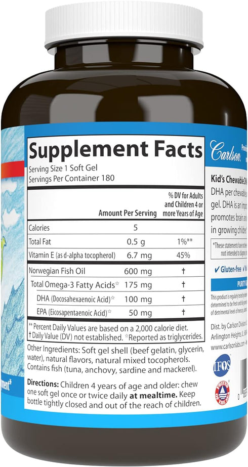 Carlson Kid's Chewable DHA - 100 mg DHA for Brain Health, Vision Function, Orange, 180 Chewable Softgels