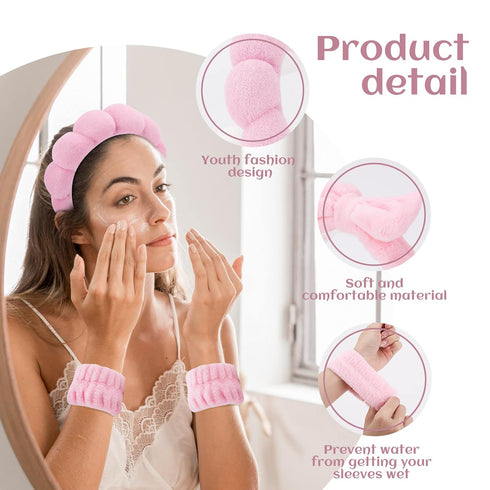 Puffy Spa Headband & Skincare Headbands for Women, Terry Cloth Towel Head Band, 4 Pcs Face Wash Wristband Set