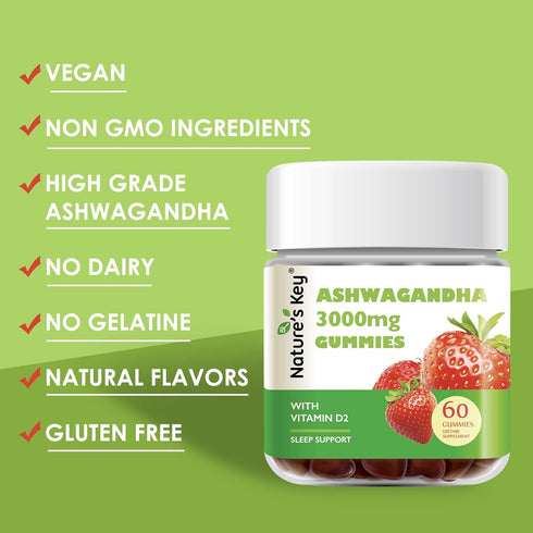Nature's Key Ashwagandha Gummies, 3000mg High Potency Extract with Vitamin D2, Stress & Mood Support