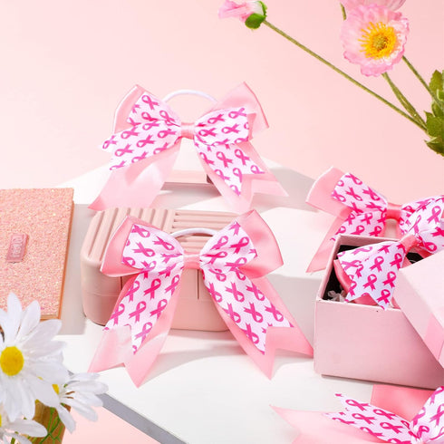 MTLEE 20 Pieces Pink Breast Cancer Awareness Cheer Hair Bows, 7.5 Inch Large Elastic Scrunchies