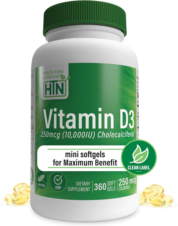 Health Thru Nutrition Vitamin D3 10,000 IU, 360 Mini Softgels for Immune Health Support, Non-GMO