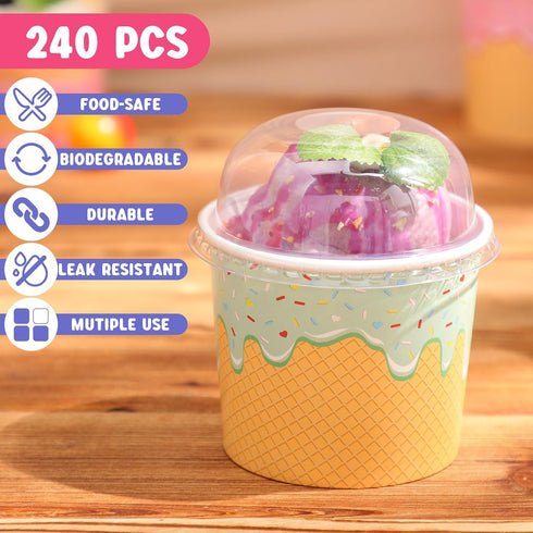 Jingmore 240 Pack 4 oz 5 Summer Ice Cream Paper Cups with Lids Disposable Ice Cream Bowls Paper Treat Dessert Cups